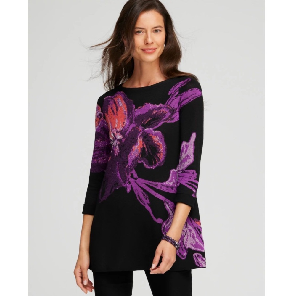 NEW Chico's Floral Roll Cuff Tunic Sweater Size L